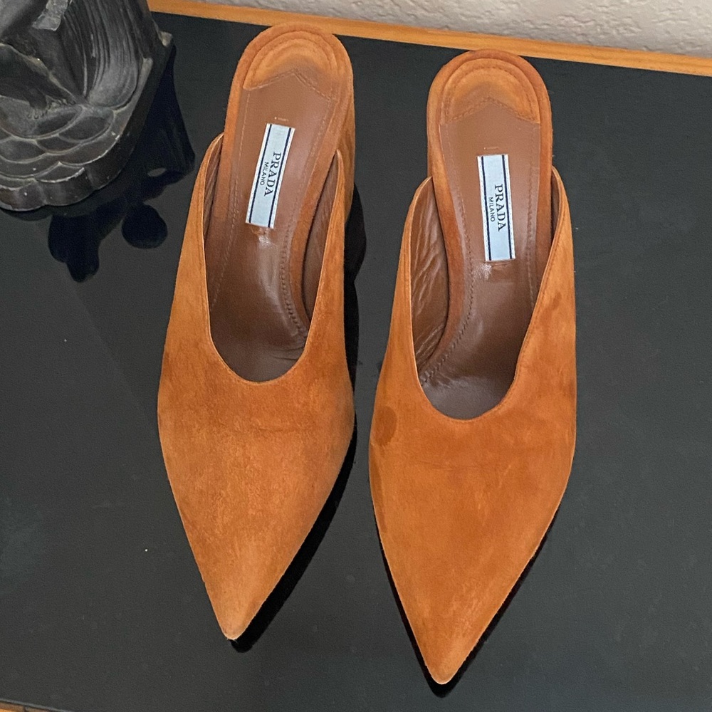 Prada tobacco suede chunky heel pointed toe mules